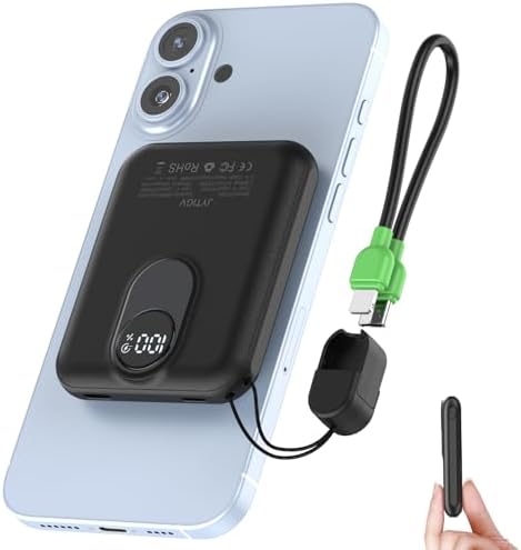Compact Magnetic Power Bank for i Phone 12-16 | 5000 m Ah Slim Wireless Charger with 20 W Fast Charging, Detachable USB-C & i OS Cable, LED Display | Ultimate Portable Power Solution in Black