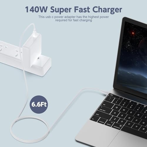 Ultra-Fast 140 W USB-C Charger for Mac Book Pro & Air – Rapid 1 Hour 40 Minute Full Charge, Includes 6.6 ft USB-C Cable, High Compatibility with M1, M2, M3 Models, Reliable Safety Features & 24/7 Support for Hassle-Free Charging