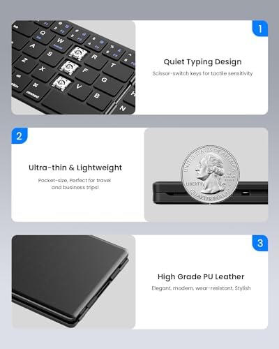 Samsers Portable Foldable Bluetooth Keyboard – Ultra Slim Wireless Keyboard with Stand for i OS, Android & Windows Devices – Rechargeable Multi-Device Travel Keyboard for Effortless Typing on the Go – Sleek Black Design