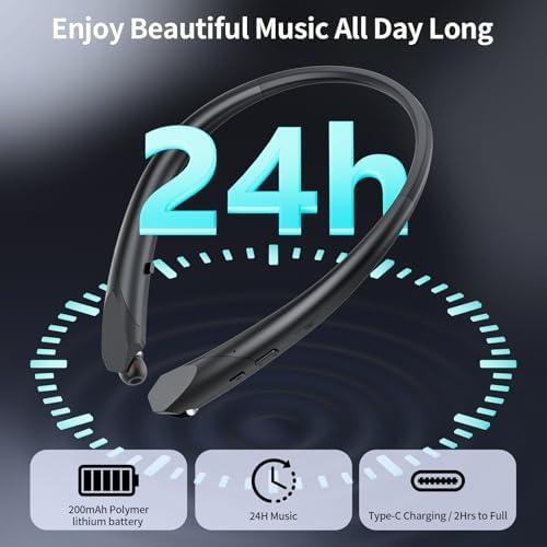Revolutionary Bluetooth Neckband Headphones with Retractable Earbuds – IPX5 Sweatproof Sports Earphones Featuring Advanced Noise Cancellation and Built-in Microphone for Active Lifestyles – Rapid Connectivity and Extended Battery Life for Seamless Audio Enjoyment