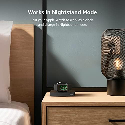 Belkin Fast Wireless Apple Watch Charger – Sleek Nightstand Mode Charging Pad with USB-C Cable – Universal Compatibility for All Models – Compact Travel Accessory in Black – Enhanced Charging Efficiency and Display Viewing