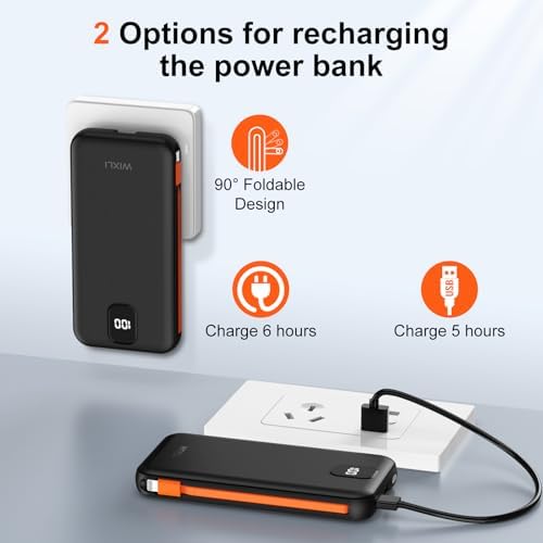 Ultra-Slim 12000 m Ah Power Bank with Integrated Cables and AC Plug – High-Speed Charging Solution for i Phone 16/15/14/13 and Android Devices – Travel-Ready Design with Intelligent Safety Features and Triple Device Charging Capability – Ultimate Portable Battery Pack for On-the-Go Power