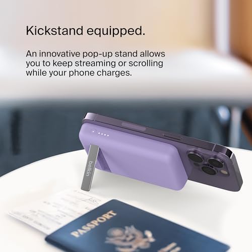 Belkin Wireless Power Bank 5000 m Ah with Mag Safe Compatibility – Portable Charger for i Phone 16 Series, i Phone 15, and Air Pods – 7.5 W Fast Charging with Built-in Kickstand for Hands-Free Use – Lightweight White Design for On-the-Go Charging Solutions