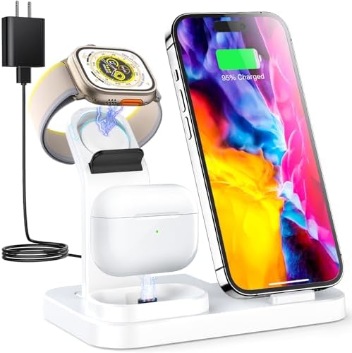Revolutionary 3-in-1 Wireless Charging Dock for Apple Devices – Streamlined Charging Station for i Phone, Apple Watch, and Air Pods with Fast Charging 18 W Adapter in Sleek Graphite Black – Perfect for Home and Office Organization