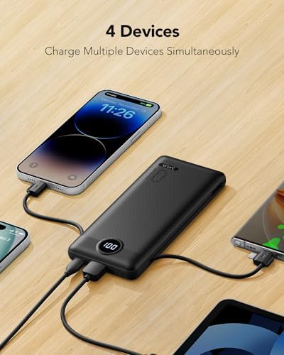 VRURC 10,000 m Ah USB C Power Bank with Built-in Cables & AC Wall Plug – Compact Lightweight Travel Charger for Smartphones & Tablets – Ultimate Convenience & Enhanced Charging Speed