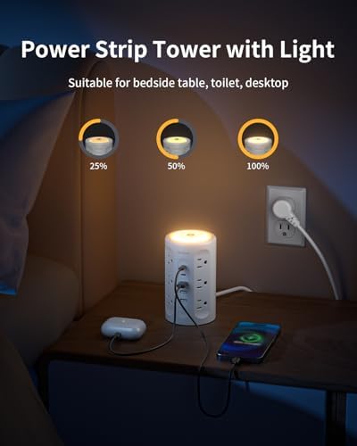 Smart Power Strip Tower with Integrated Night Light & Surge Protection – 10 FT Extension Cord Featuring 12 AC Outlets, 3 USB-A and 2 USB-C Ports for Home Office & Dorm Room Convenience – Sleek Black Design for Enhanced Versatility and Clutter-Free Organization