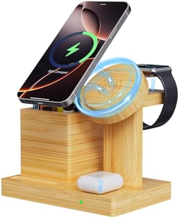 Eco-Friendly 4-in-1 Wireless Charging Dock with Pen Holder – Premium Bamboo Mag Safe Station for i Phone 12-16 Pro, Air Pods & Apple Watch – Fast Charging Solution for Home & Office, Perfect Gift for Tech Enthusiasts