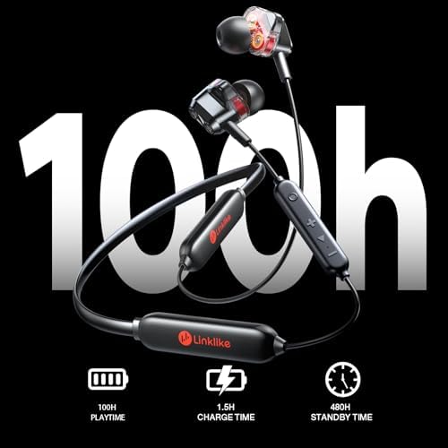 Linklike IPX7 Waterproof Bluetooth Neckband Headphones – 100-Hour Playtime Wireless Earbuds with Superior HD Sound Quality and 4 Dynamic Drivers – Ideal for Active Lifestyles, Running, Gym, and Outdoor Use – Seamless Device Compatibility and Secure Comfort Fit