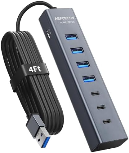 Upgrade Your Workspace with the 4 Ft 7-Port USB 3.0 Hub – High-Speed USB-A & USB-C Connectivity for Efficient 5 Gbps Data Transfers, Sleek Aluminum Build, and Extended Reach Perfect for PCs, Flash Drives, and More – Ultimate Compatibility for Windows and XPS Systems