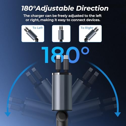 Dual-Port Retractable 4-in-1 Car Charger Set – Fast Charge i Phone and USB-C Devices with 2.6 ft Cords – Essential Gray Adapter for Men and Women – Perfect Travel Companion and Gift for Efficient Charging on the Go