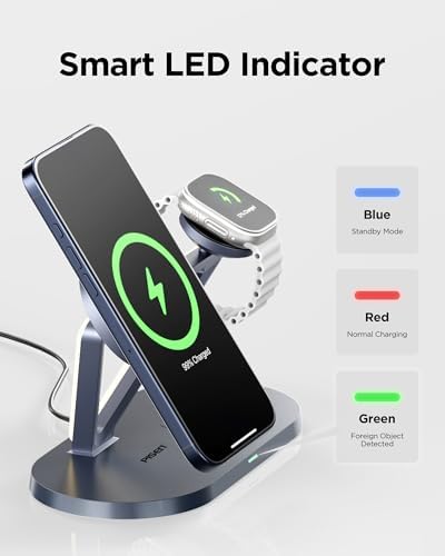 PISEN Qi2 15 W Mag-Safe 3-in-1 Wireless Charging Stand with Adjustable Night Light – Fast, Reliable Charging for i Phone 16/15/14/13/12, Apple Watch & Air Pods – Tidy Desk Solution with Intelligent LED Indicator & Safety Features