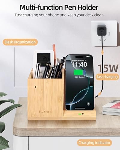 3-in-1 Bamboo Wireless Charger with Desk Organizer, Bamboo Pen Holder for Desk, 15W Fast Wireless Charger with Pen Holder for Home Office Supplies, Compatible with iPhone and Samsung – Enhanced Compatibility and Speed