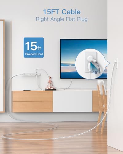 15 ft Heavy-Duty Extension Cord with Surge Protection | 8 AC Outlets & 3 Fast USB Ports | Flat Plug Wall Mount Power Strip for Home & Office | ETL Certified Charging Station for Safe, Efficient Device Management