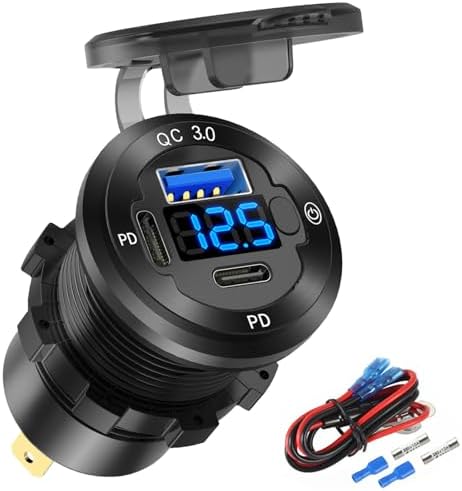 Dual 12 V USB Car Socket Set – Waterproof 3-Port Marine Fast Charger with Integrated Voltmeter and Aluminum Build for Enhanced Durability – Ideal for Boats, RVs, Golf Carts, and Motorcycles – Reliable On-the-Go Charging Solution