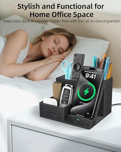 Elevate Your Workspace: Multifunctional Wireless Charger & Desk Organizer with 3 Compartments and Phone Stand – PU Black – Fast Charging & Stylish Office Essential for Maximum Productivity and Organization
