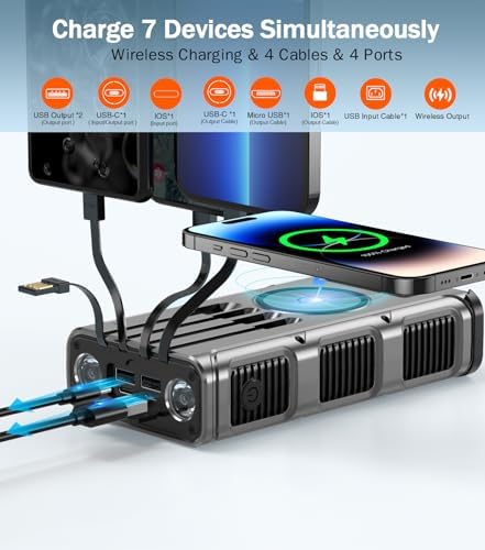 Ultimate 45800 m Ah Solar Wireless Power Bank with Hand Crank & Fast Charging – 7 Outputs, 4 Inputs, SOS Flashlight & Compass for Outdoor Adventures and Emergency Preparedness