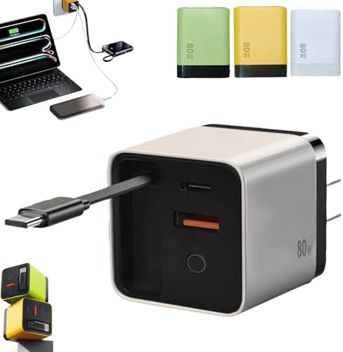 Revolutionary 80 W Ga N 3-in-1 Fast Charger with Retractable Design, Type C Cable & Dual USB Ports – Ultimate Travel Companion for Phones & Laptops in Sleek Yellow Finish – Enhanced Compatibility & Efficiency for Modern Charging Needs