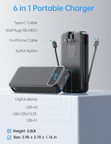 Ultra-Compact 12000 m Ah Power Bank with Built-in Charging Cables & AC Plug – 20 W PD Fast Charging for i Phone, Samsung, Android, USB-C Devices – Travel-Friendly External Battery Pack in Purple – Unmatched Portability and Efficiency for On-the-Go Charging Solutions