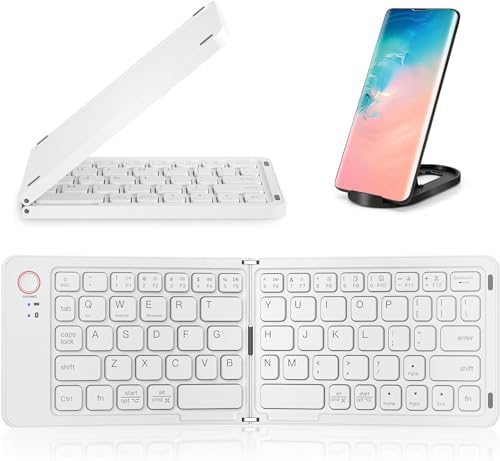 Ultimate Mini Wireless Folding Keyboard for Travel – Sync 3 Devices Effortlessly, Premium Aluminum Design for i Phone, i Pad, Mac, Android & Windows – Compact & Portable Full-Size Typing Solution