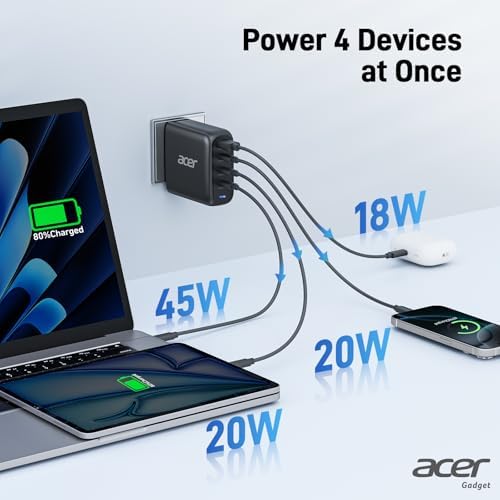 Acer 100 W Ga N II USB-C Charger with 4-Port Extension Cable – Ultra-Fast Charging for Mac Book Pro/Air, i Phone 16, Galaxy S24, i Pad Pro, Acer Nitro 5 – Compact & Versatile Power Solution for Home, Office, and Travel – Safe, Efficient, and Convenient Charging with Foldable Design and Removable Cord