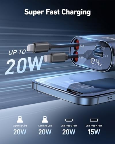 Revolutionize Your Road Trips with the UYOUNG 100 W Retractable Car Charger – 4-in-1 Fast Charging Solution with Dual 31.5-Inch Cables & Dual USB Ports for i Phone 15/14/13/12/11 Pro Max, Samsung, Pixel, and More – Ultimate Compatibility & Speed for Modern Travelers