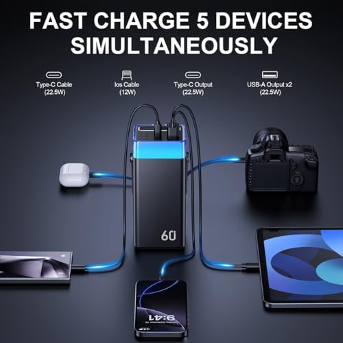 High-Capacity 60000 m Ah Fast-Charging Power Bank with Built-in Cables – Ultimate Portable Charger for i Phone, Samsung Galaxy, and More – Ideal for Travel, Camping, and Outdoor Adventures with Enhanced Compatibility and Efficiency