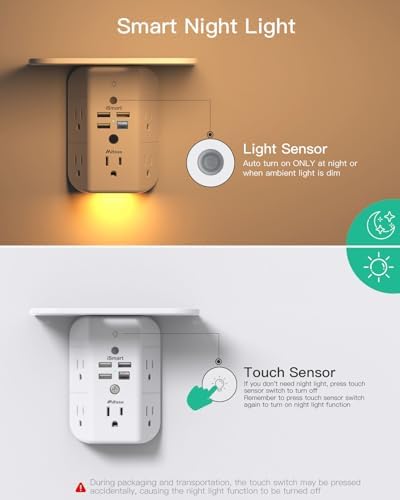 Revolutionary Wall Outlet Extender with Integrated Shelf & Adjustable Night Light – 5 USB Ports Including Rapid USB-C Charging, Surge Protection, and Compact Design for Enhanced Organization and Efficiency