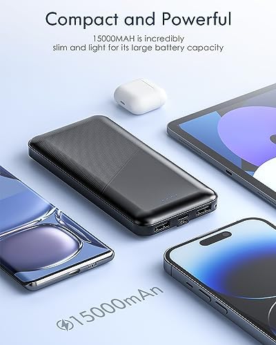 Feeke 15,000 m Ah Dual USB Portable Charger – High-Speed Power Bank with 5 V/3.1 A Output for Rapid Device Charging – Ideal for Smartphones, Tablets, and USB Gadgets – Sleek Black Design for Effortless Portability and Enhanced Device Compatibility