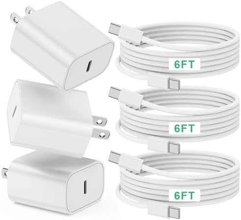Ultra-Fast i Phone 16 Pro Max Charging Kit – 6 Ft Durable Braided USB-C Cables (3-Pack) with 20 W Type C Power Adapter – Optimize Your Charging Experience with Superior Speed and Longevity for i Phone 15/16/15 Plus & i Pad Pro Compatibility – Perfect for Home, Office, and Travel Use