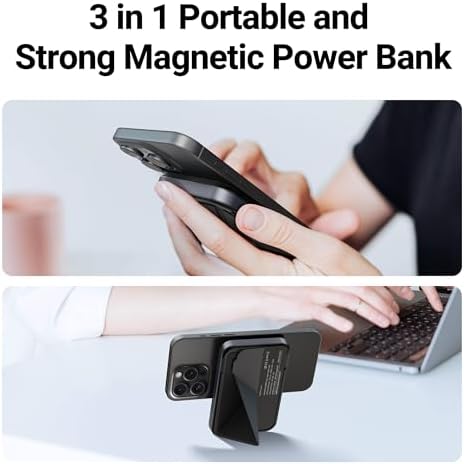 RAPTIC 2024 Advanced 5000 m Ah Magnetic Power Bank with Integrated Stand – Ultra-Slim Wireless Charger for i Phone 16 Pro Max/15/14/13/12, Fast Charging Capability, Includes USB-C Cable, Sleek Black Design for On-the-Go Convenience