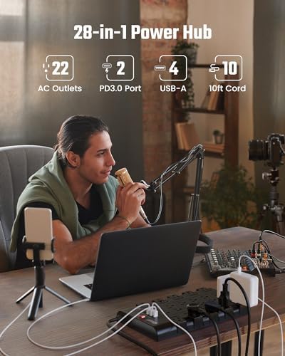 Power Strip Surge Protector by SUPERDANNY – 22 Outlets, 45 W Type-C Fast Charging with 4 USB-A & 2 USB-C Ports, 2100 Joules Protection, 15 A/1875 W Capacity, 6.5 Ft Flat Plug Extension Cord – Ideal for Home Streaming & Gaming Setup