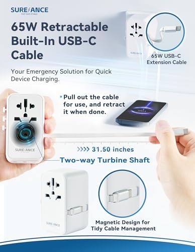 Universal 70 W Travel Adapter with 65 W Fast-Charging USB-C Cable – All-in-One Plug Converter for Seamless Global Connectivity – Versatile Power Solution for Europe, Spain, and Worldwide – Compact Design with Type A, C, G, I, J, D Outputs for Rapid Device Charging and Enhanced Compatibility