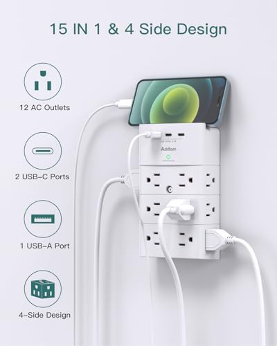 Addtam Surge Protector Power Strip – 12-Outlet Wall Mount Multi Plug Extender with 3 USB Ports (Including USB-C) for Home, Office & Travel – Space-Saving Design with Enhanced Safety Features and Fast Charging Capability