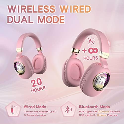 Enchanting Pink Cat Ear Bluetooth Headphones for Kids – Fun Noise-Cancelling Over-Ear Design with LED Lights, Ultimate Comfort for School, Travel, and Everyday Adventures – Elevate Young Music Experiences with Superior Sound Quality and Playful Style