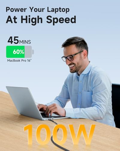 Ultimate 10 FT Right Angle USB-C to USB-C Cable (2-Pack) – 100 W Power Delivery for Fast Charging i Phone 16, Mac Book & Galaxy – Durable Tangle-Free Nylon Braided Design for Tight Spaces – Enhanced Flexibility for All Your Devices