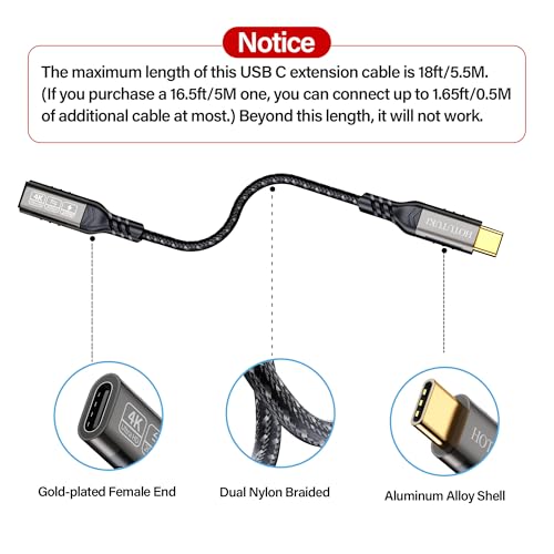 USB-C Extension Cable 6.6ft, 20Gbps Data Transfer, 4K@60Hz, 240W Charging, Male to Female Compatible with Cell Phone Cord Extension – Enhanced Compatibility and Speed