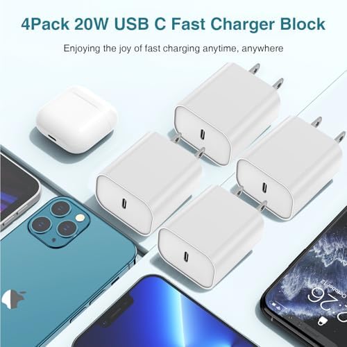 Ultra-Fast 20 W USB C Charger Block – 4 Pack for i Phone 16/15 & Multi-Device Compatibility – Compact Power Adapter for Apple, Samsung, Google – Essential Travel Charging Solution with Enhanced Durability and Safety Features