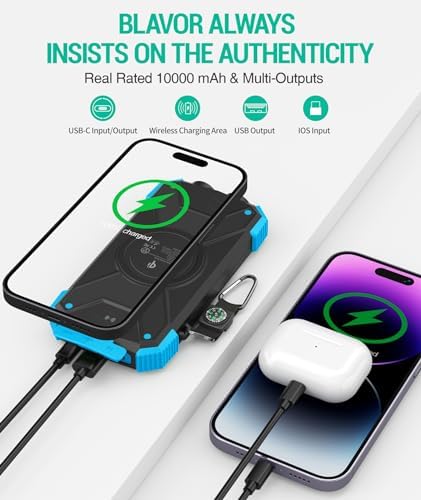 Ultimate BLAVOR Solar Charger Power Bank – 10,000 m Ah Portable Wireless Battery Pack with 20 W Fast Charging, USB-C Compatibility, Solar Panel for Sustainable Energy, and Dual Flashlight for Outdoor Adventures – Essential Gear for Campers and Hikers