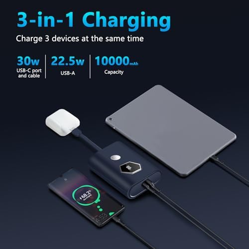 Miady 30 W Fast Charging Power Bank – 20,000 m Ah Portable Charger with Integrated USB-C Cable and LED Battery Indicator for i Phone 16/15/14/13, Galaxy, Android, and i Pad – Ultimate On-the-Go Power Solution for All Your Devices