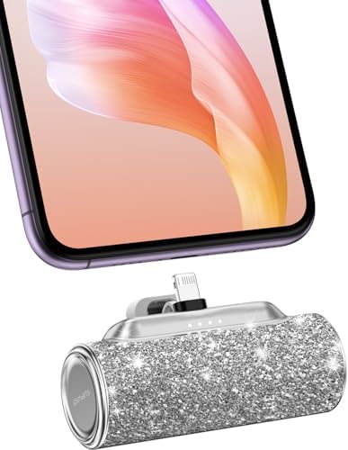 Chic Glitter Portable Power Bank for i Phone – 4500 m Ah Mini Charger with Built-in Lightning Connector, Sleek Travel-Friendly Design in Shiny Silver, Fast Charging Compatible with i Phone 14/13/12/11/XR/8/SE Series, Elevate Your Mobile Experience with Style and Convenience