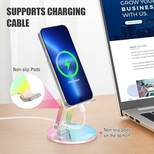 Tomorotec Adjustable Angle Acrylic Cell Phone Stand for Desk, Foldable Acrylic Phone Holder Cute for Office, Portable Non-Slip Desktop Smartphone Holder, Fit for iPhone Samsung Galaxy (Iridescent) – Enhanced Compatibility and Speed