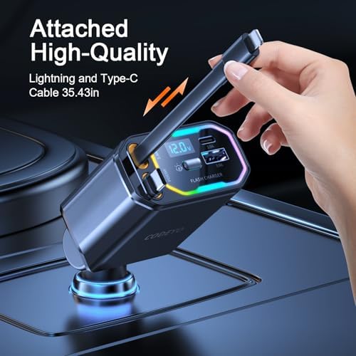 Revolutionary 4-in-1 Retractable Car Charger – 146 W Fast Charging Solution with PD 65 W & 30 W Outputs, 2.9 ft Tangle-Free Cord, RGB Light for Enhanced Visibility, Perfect Compatibility for i Phone 16/15/14/13/12, Android Devices & Laptops – Sleek Gray Design for Modern Vehicles