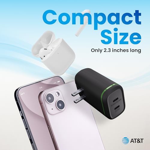 AT&T 60 W Dual USB-C Power Delivery Wall Charger – Efficient Rapid Charging for Smartphones, Tablets, and Laptops with Safety Features – Compact & Portable Dual Device Adapter for Home and Office Use
