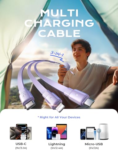 LISEN Multi Charging Cable, 3 in 1 Charging Cable, Retractable Car Charger with Type C/L/Micro USB Ports for iPhone 16 15 14 Pro Max/Samsung Galaxy S25/PS/Kindle, Multi Chargers for All Devices – Enhanced Compatibility and Speed
