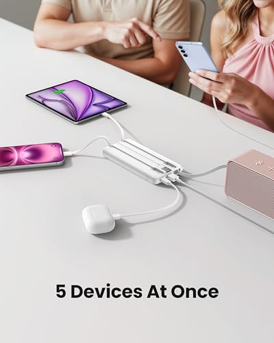 Sleek 10,000 m Ah Ultra-Slim Portable Power Bank – Essential Travel Charger with Integrated Cables, 5 Outputs & 2 Inputs, LED Battery Monitor – Universal Compatibility for i Phone & Android Devices – Chic Pink Design for Effortless On-the-Go Charging