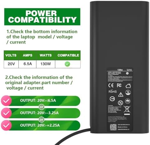 130 W USB-C Laptop Charger for Dell XPS & Precision Models – Fast Charging AC Adapter with Enhanced Compatibility for Latitude Series – Reliable Power Supply for 2-in-1 Devices and More – CE/FCC/ROHS Certified with 30-Day Satisfaction Guarantee and 12-Month Warranty – Ideal for XPS 15 9575, XPS 17 9700, Precision 5530, Latitude 5430, and Additional Dell Models – Versatile 100-240 V Input for Global Use – Upgrade Your Power Experience with Efficient Charging Performance and Safety Features