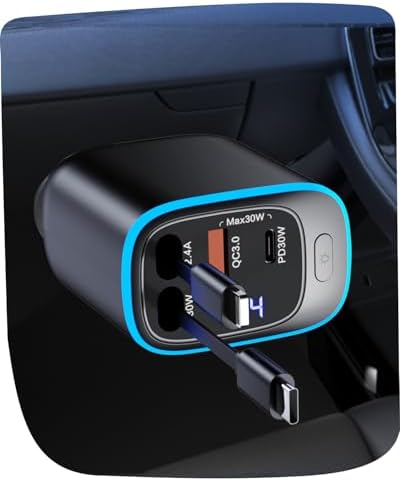 Revolutionary 4-in-1 Retractable Car Charger – 90 W USB-C Fast Charging Adapter for i Phone 16 and More, Featuring Ambient LED Lighting for Enhanced Travel Comfort – Ideal Road Trip Essential for i Phone 16, Galaxy, Pixel, and Universal Devices – Achieve Maximum Charging Efficiency with Tangle-Free Design