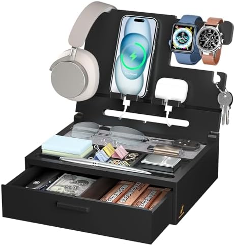 Pezin & Hulin Wooden Nightstand Organizer, Ideal Gifts for Men, Desktop Bamboo Phone Docking Station Box, with Large Drawer, Multi-Device Charging Stand, for Birthday Son Boyfriend Him -Natural – Enhanced Compatibility and Speed