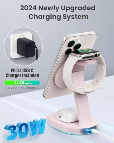Ultimate 3-in-1 Wireless Charging Station for i Phone, Apple Watch, and Air Pods – Qi2 Certified 15 W Magnetic Charger with 30 W USB-C Adapter & Integrated Night Light – Streamlined Design for i Phone 16/15/14/13/12 – Superior Speed and Enhanced Compatibility for Modern Tech Users
