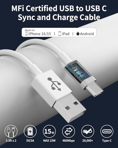 USB to USB C Cable [2 Pack, 6FT],USB A to USB C 3A Fast Charging Braided Charge Cord, Car Carplay Cable for iPhone 16 15 15 Pro Max 15 16 Plus iPad Pro iPad Air 5th Mini 7th Gen Car Charger Cable Cord – Enhanced Compatibility and Speed